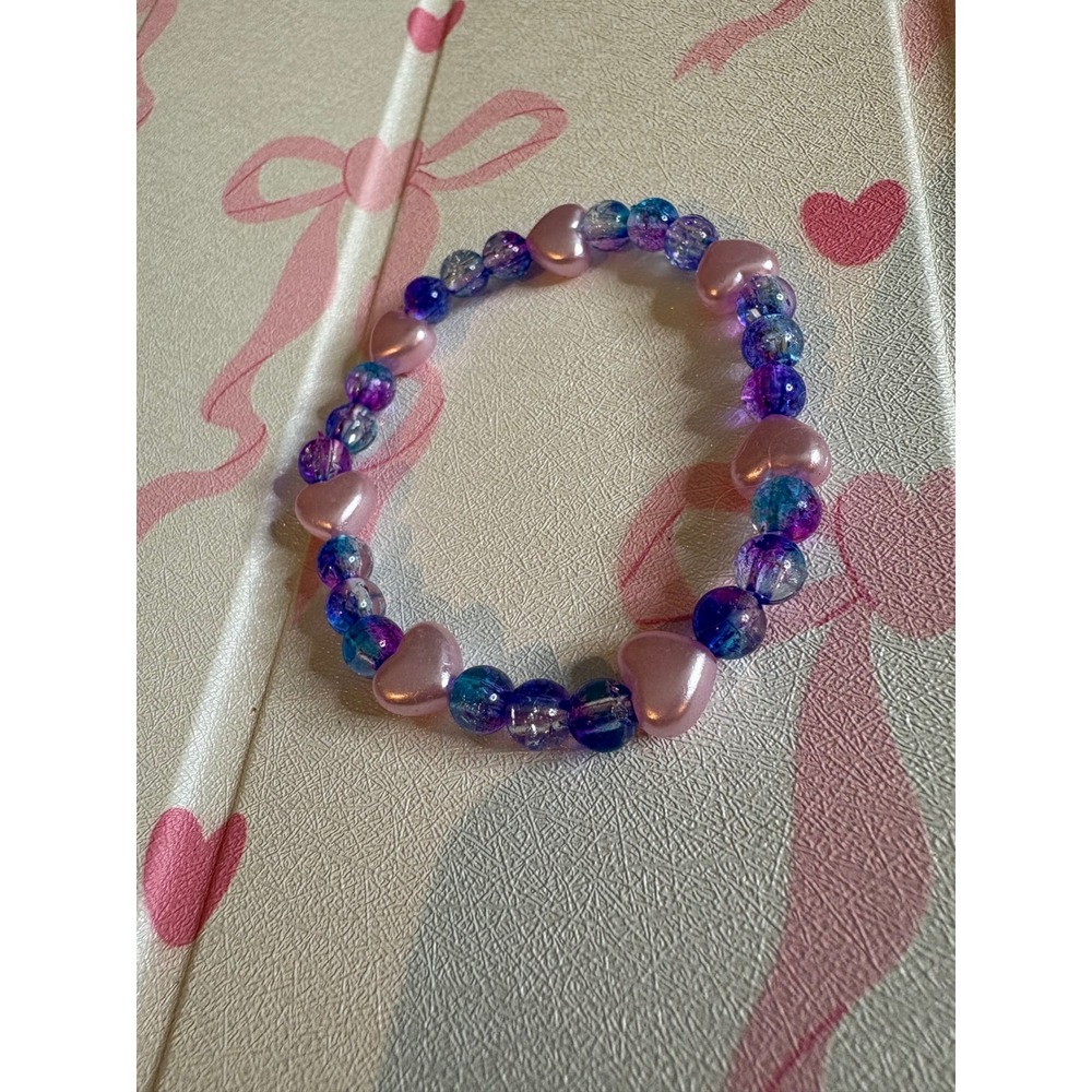 Handmade Pink Heart Purple Blue Crackle Bead Stretch Bracelet Y2K Style